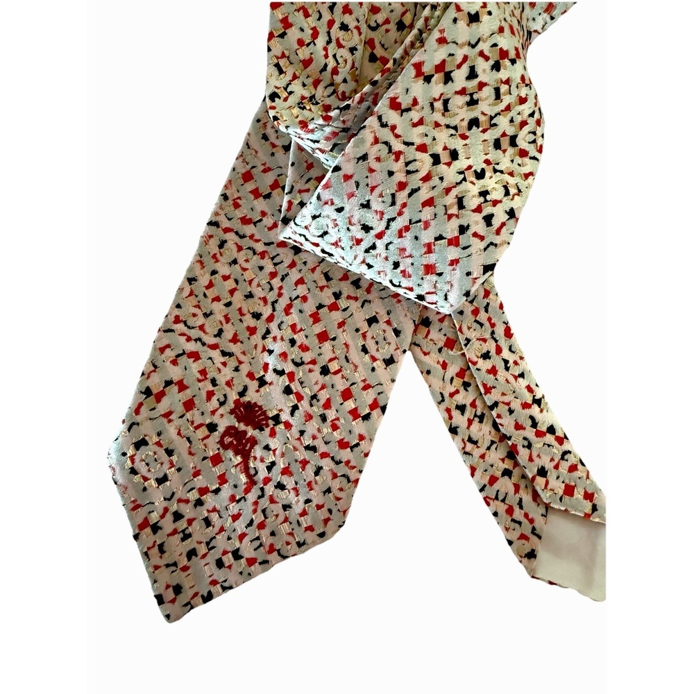 VTG Countess Mara New York Silk Tie - Geometric Brocade - Red Gold Silver - 70s